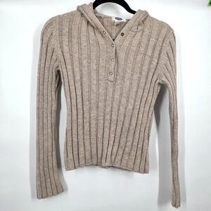 Y2K Old Navy Knit Ribbed Sweater Hoodie Button Indie Preppy Women S Tan Beige